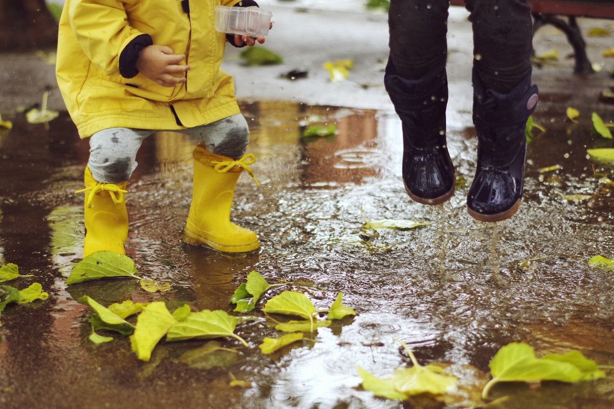 Twee peuters in regenlaarzen spelen in een plas met herfstbladeren